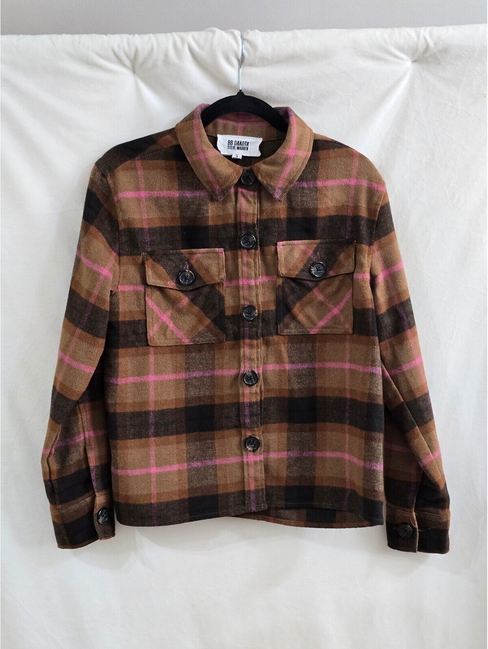 BB Dakota Steve Madden Brown and Pink Plaid Button-Up Shirt Jacket Small